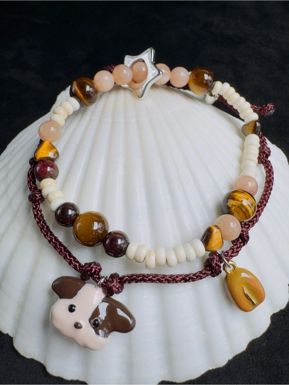 Handmade Brown & Cream Beaded Dog Charm Bracelet